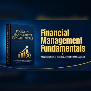 May include: A dark blue book titled Financial Management Fundamentals with gold text and a gold bar chart graphic featuring a dollar sign. The cover includes the subtitle A Beginner's Guide to Budgeting, Saving & Debt Management in gold.
