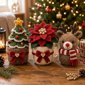 Könnte beinhalten: Drei gehäkelte Weihnachtsdekorationen: ein grüner Weihnachtsbaum mit gelbem Stern, ein roter Weihnachtsstern in einem weißen Topf und ein braunes Rentier mit einem rot-weiß gestreiften Schal. Jeder Artikel hat einen kleinen herzförmigen Knopf.