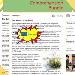 May include: A digital educational resource titled Reading Comprehension Bundle for grades 4-6, featuring a 720L-900L Lexile range. The document includes a passage titled The Mystery of the Marsh, a yellow starburst graphic with 10 Passages, and CC.RL. 5.1-5.8.