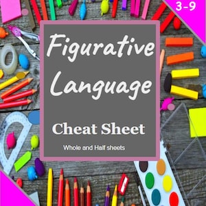 May include: A gray educational sign with white text reading Figurative Language Cheat Sheet Whole and Half sheets and Grades 3-9, surrounded by scattered colorful school supplies including pencils, crayons, a protractor, and a watercolor paint set.