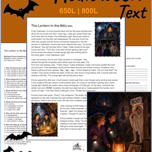 May include: A differentiated Halloween reading worksheet titled The Lantern in the Attic, featuring multiple-choice questions, a short story, and two illustrations of children exploring a dark, old house with flashlights and a glowing lantern.