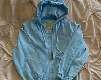 Vtg 80s PCH Pacific Coast Highway Canvas Jacket Hooded Zip Blue Surf Streetwear