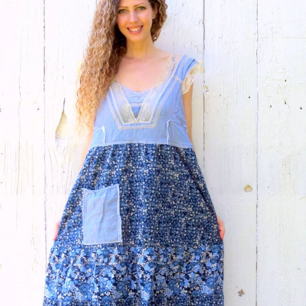 Free People Maxi Dress - upcycled dress - womens size large blue floral tattered clothing shabby romantic style ready to ship by wearlovenow