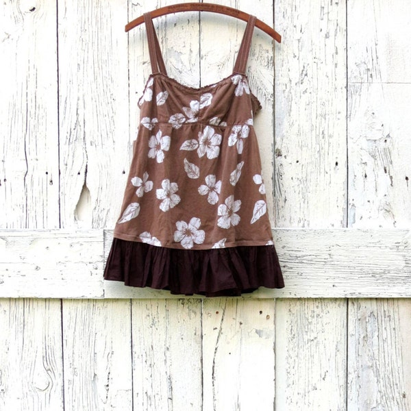 Upcycled floral tank top , women's brown tropical top , indie fashion summer shirt , boho brown tank top , Eco fashion by wearlovenow , M