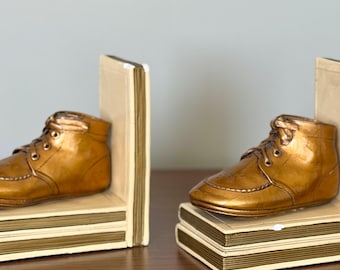 Vintage Shoe Bookends with Stacked Books, Oxford Style Library or Nursery Decor