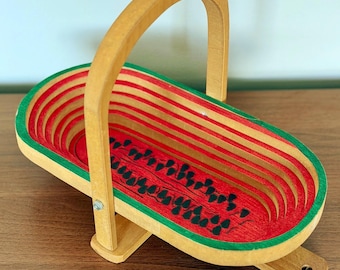 Vintage Watermelon Collapsible Wooden Basket Folding Wood Fruit Basket Kitchen Decor