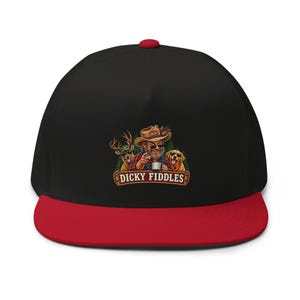 May include: A black baseball cap with a red brim and a red button on top. The front features a graphic of a person in a cowboy hat, a deer, and a dog, all wearing sunglasses. The text "DICKY FIDDLES" is printed in a banner below the graphic.