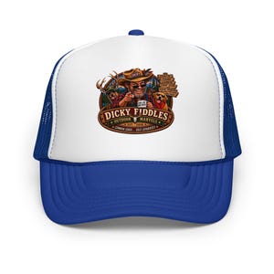 May include: A white and blue trucker hat featuring a graphic print of a person in a hat and sunglasses pointing forward, accompanied by a deer and a dog. The text reads "DICKY FIDDLES OUTDOOR MARVELS EST. 2026" along with "HUNTIN FISHIN CAMPIN" and "COMMON SENSE... SOLD SEPARATELY."