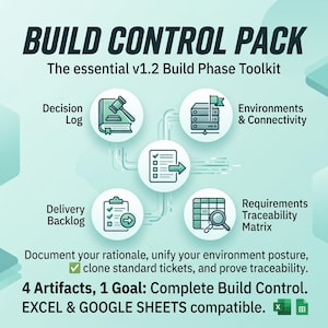 May include: A light green infographic titled BUILD CONTROL PACK The essential v1.2 Build Phase Toolkit. It features four circular icons representing a Decision Log, Environments & Connectivity, Delivery Backlog, and Requirements Traceability Matrix.