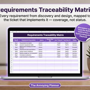 May include: A laptop screen displaying a Requirements Traceability Matrix spreadsheet with columns for Req ID, Requirement Description, Source, Design Doc Ref, Dev Ticket ID, Test Case ID, and Status. A purple circular badge reads Standalone tool from the Build Control Pack / System Integration Playbook. The text The Annoying Planner appears at the bottom.