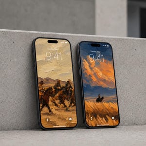 May include: Two black smartphones with thin bezels and a notch at the top of the screen. The screens display digital artwork of cowboys on horseback in a desert landscape. The time 9:41 and the date Tuesday, May 7 are visible on both displays.
