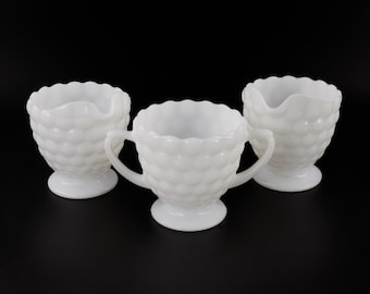 Vintage Anchor Hocking Bubble Milk Glass Creamer Sugar Set, 3 Piece Mid Century White Glass