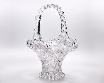 Vintage Hofbauer Byrdes Crystal Basket with Bird Medallions and Faceted Handle