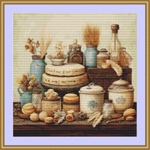 Puede incluir: Una pintura de bodegón con una variedad de jarrones, botellas y cuencos antiguos. Los jarrones y botellas son principalmente azules y blancos con diseños florales. La pintura está colocada sobre una mesa de madera con un fondo marrón claro.