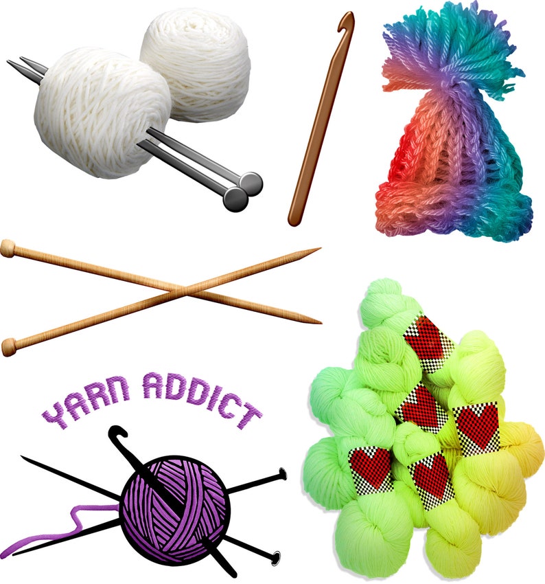 May include: An assortment of knitting and crochet supplies. Includes white yarn balls with needles, a wooden crochet hook, a colorful knitted hat, wooden knitting needles, and skeins of green and yellow yarn. A graphic with the text "Yarn Addict" is also included.