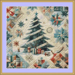 Peut inclure: Une courtepointe encadrée sur le thème de Noël avec un design détaillé. La courtepointe présente un sapin de Noël central, des cadeaux, des flocons de neige et des motifs géométriques dans des tons de bleu, de rouge et de crème. Le cadre est doré avec un bord intérieur lavande.