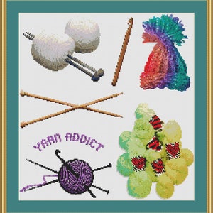 May include: A cross-stitch design featuring various yarn crafting tools and materials. Includes yarn balls, knitting needles, a crochet hook, and a colorful yarn creation. The text "YARN ADDICT" is also present.
