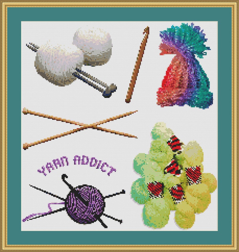 May include: A cross-stitch design featuring various yarn crafting tools and materials. Includes yarn balls, knitting needles, a crochet hook, and a colorful yarn creation. The text "YARN ADDICT" is also present.