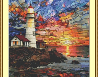 Stained Glass Lighthouse Cross Stitch Pattern