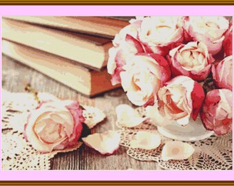 Pink Roses And Old Books Cross Stitch Pattern