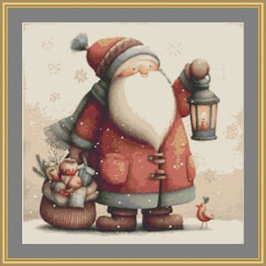 May include: A jolly Santa Claus in a red coat and white beard carries a basket of gifts and a lantern. He is walking through a snowy landscape with a small bird beside him.
