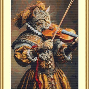 Op de afbeelding: Een kat gekleed in een gouden en bruine outfit speelt viool. De kat heeft een serieuze uitdrukking op zijn gezicht terwijl hij viool speelt.