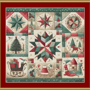 May include: A framed Christmas patchwork quilt. The design incorporates festive motifs in red, green, and cream, such as stars, a Christmas tree, a sleigh, and a house. The frame is gold with a red border.