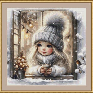 Puede incluir: Ilustración digital de una persona mirando por una ventana en un día nevado. La persona lleva un gorro y una bufanda de punto grises, sosteniendo una taza de bebida caliente. Un pequeño árbol de Navidad y un pájaro son visibles.
