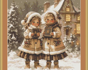 May include: A framed, vintage-style illustration depicts two children in winter attire, holding books. They wear beige coats with fur trim, hats, and boots, standing in snow. A house and snow-covered trees are in the background, with a soft, warm color palette.