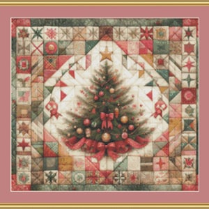 May include: A framed Christmas-themed cross-stitch featuring a decorated Christmas tree with red bows and ornaments. The tree is centered on a white background, surrounded by a patchwork quilt design in shades of red, green, and beige.