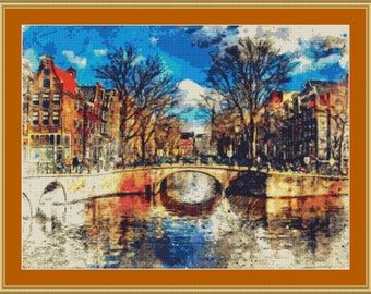 Amsterdam Canal Cross Stitch Pattern: European City (Digital Download)