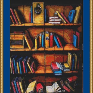 May include: A wooden bookshelf filled with a variety of books in different colors and sizes. The books are arranged in a random order, creating a visually interesting display. The bookshelf is made of dark wood with a light brown stain. The books are mostly hardcover, with some paperbacks mixed in.