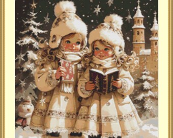 May include: A cross-stitch design depicts two children in winter attire, holding books and standing in a snowy landscape with Christmas trees and a castle. The children wear white coats, hats, and scarves, with rosy cheeks and blue eyes. A snowman is in the lower left corner.