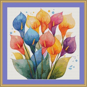 May include: A framed watercolor painting of calla lilies in shades of blue, orange, pink, and purple. The flowers have green leaves and are set against a white background. The frame is gold with a purple border.