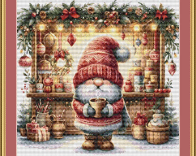 Featured listing image: Christmas Market Gnome 4 Cross Stitch Pattern - Digital Download, PDF Files, Market Stall, Xmas