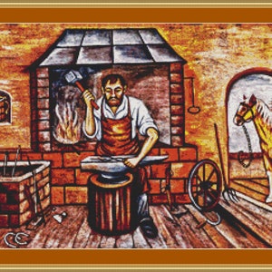 Pode incluir: Um ferreiro trabalha em uma bigorna em uma oficina rústica. A cena é pintada em tons quentes e terrosos com um cavalo em pé no fundo.