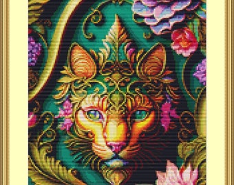 Floral Feline Cross Stitch Pattern