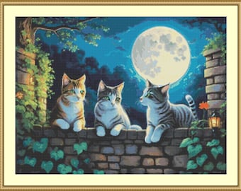 Cats In The Moonlight Cross Stitch Pattern
