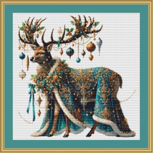 May include: A digital illustration of a majestic deer adorned with holiday decorations. The deer wears a teal and gold patterned cloak with a white fur trim. Its antlers are decorated with ornaments and lights, creating a festive and elegant image.