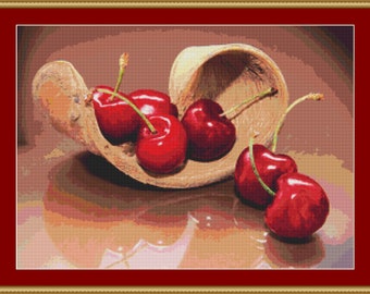 May include: A still life featuring bright red cherries with green stalks, presented in a woven, light brown bowl. The cherries are glossy and reflect light, set against a warm, neutral background, framed in a red and gold border.