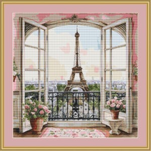 May include: A painting of a Parisian balcony with a view of the Eiffel Tower. The balcony is decorated with pink flowers and a floral rug. The windows are open and the view is framed by white trim.