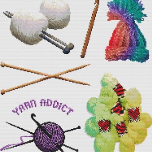 May include: An assortment of yarn crafting supplies, including two balls of white yarn, a wooden crochet hook, a colorful knitted hat, crossed knitting needles, and a green and yellow yarn creation with red heart accents. The image also features a purple yarn ball with the text "Yarn Addict."