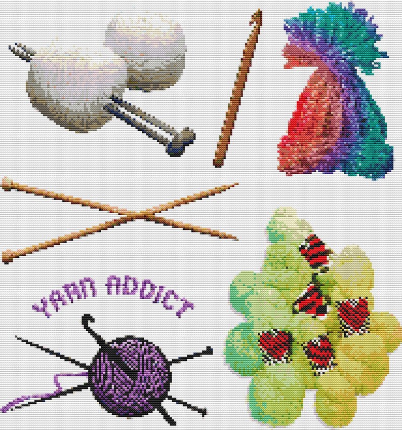 May include: An assortment of yarn crafting supplies, including two balls of white yarn, a wooden crochet hook, a colorful knitted hat, crossed knitting needles, and a green and yellow yarn creation with red heart accents. The image also features a purple yarn ball with the text "Yarn Addict."