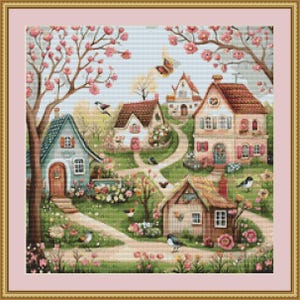Whimsical Spring Village 1 kruissteekpatroon