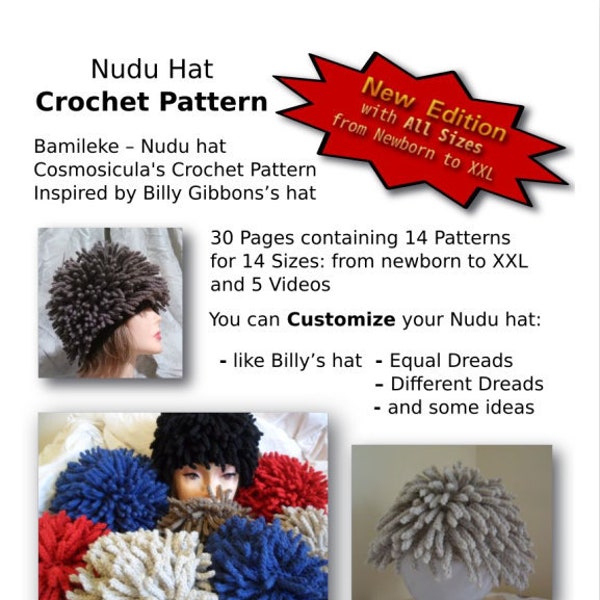Video Tutorial PDF Crochet Pattern for my Hat, Inspired Nudu hat, or Bumileke, of Billy Gibbons of ZZ TOP. English Version