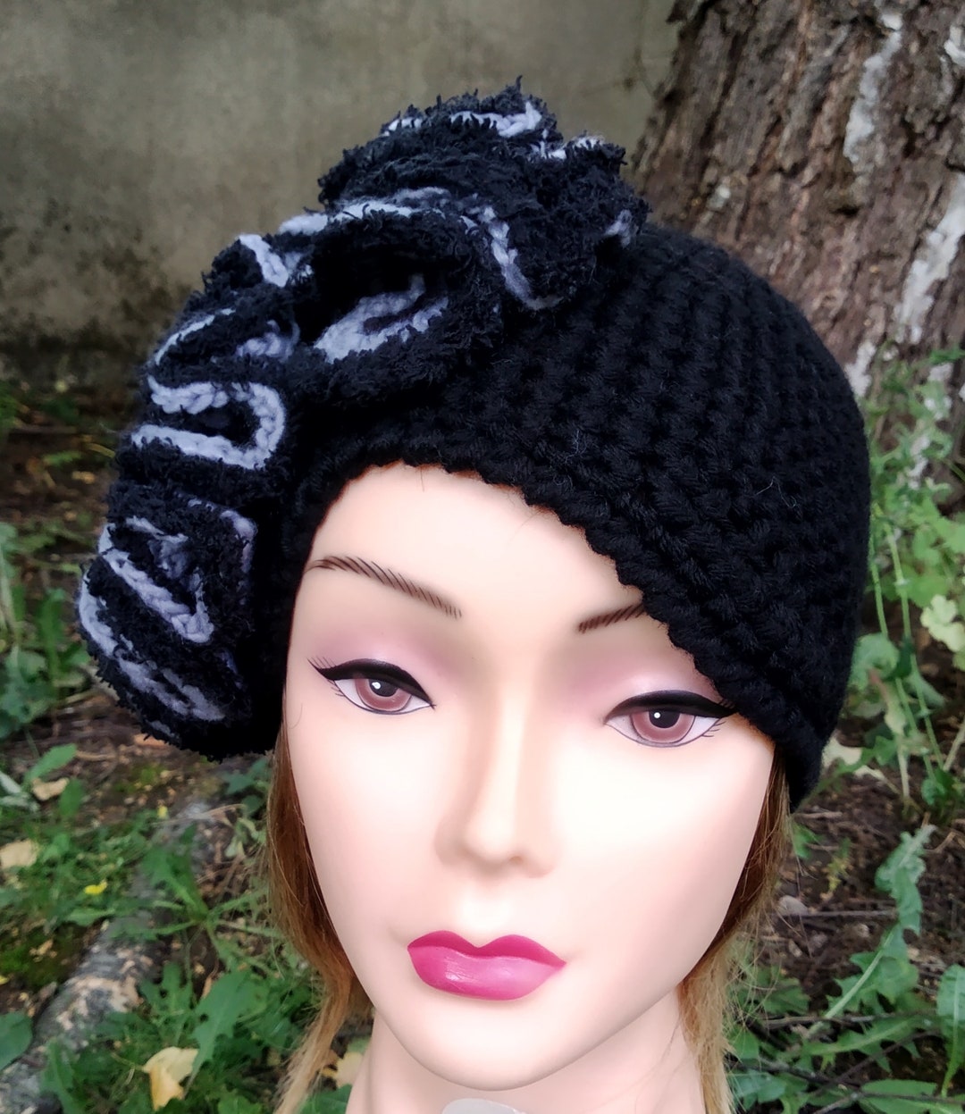 帽子 PERVERZE Crochet Knit Hat / Black Beaded Black Crochet Hat, Cotton Mesh Knitted Hat, Skull Cap
