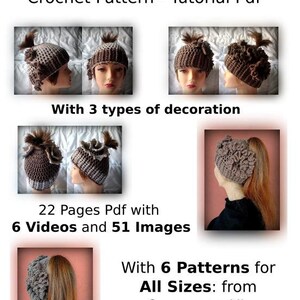 May include: Crochet pattern for a hyperbolic ponytail beanie with three different decoration options. The pattern includes 22 pages, 6 videos, and 51 images. It is available in six sizes, from 2 years to XL. "Hyperbolic Ponytail Beanie Crochet Pattern - Tutorial Pdf" is written on the image.