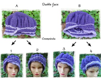 Cappello "Mutaforma" da donna double face. Indossabile in diversi modi. Cappello viola e lilla in acrilico Spedizione gratuita e sconto