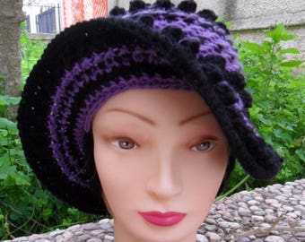 Women's wool hat with brim and earflaps that you can hide, warm, stylish and practical. Purple and black. Free shipping