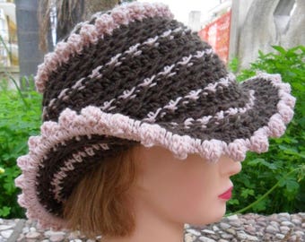 Women's wool hat with brim and earflaps that you can hide, warm, stylish and practical. Brown and pink. Free shipping